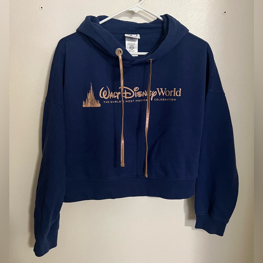 DISNEY 50th Anniversary Cropped Hooded Sweatshirt Navy Blue Gold‎ Women's Sz S